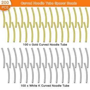 200Pcs Curved Noodle Tube Spacer Beads Tarnish Resistant Noodles Beads Brass Tube Beads Long Curved Tube DIY Jewelry Making(Gold,White K)