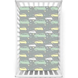 cars themed fitted crib sheet,standard crib mattress fitted sheet soft toddler mattress sheet fitted-baby crib sheets for girl or boy, 28“ x52“,mint green pale yellow and grey