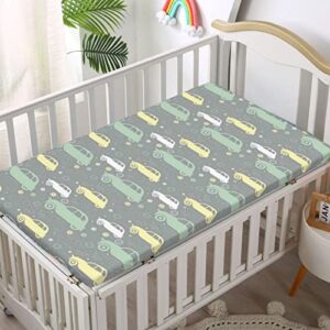 Cars Themed Fitted Crib Sheet,Standard Crib Mattress Fitted Sheet Soft Toddler Mattress Sheet Fitted-Baby Crib Sheets for Girl or Boy, 28“ x52“,Mint Green Pale Yellow and Grey