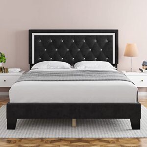 hithos full bed frame, upholstered platform bed frame with modern adjustable headboard, diamond tufted mattress foundation with wooden slat support, no box spring needed, easy assembly (full, black)