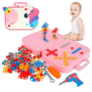 211 pcs creativity tool box, electric drill puzzle toys for kids stem educational building toys learning kit with electric drill screw tool set educational toys for kids boys and girls gift (pink)