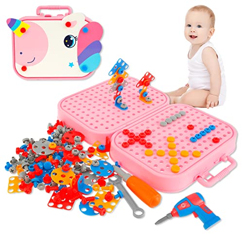 211 Pcs Creativity Tool Box, Electric Drill Puzzle Toys for Kids STEM Educational Building Toys Learning Kit with Electric Drill Screw Tool Set Educational Toys for Kids Boys and Girls Gift (Pink)