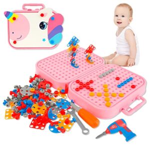 211 Pcs Creativity Tool Box, Electric Drill Puzzle Toys for Kids STEM Educational Building Toys Learning Kit with Electric Drill Screw Tool Set Educational Toys for Kids Boys and Girls Gift (Pink)