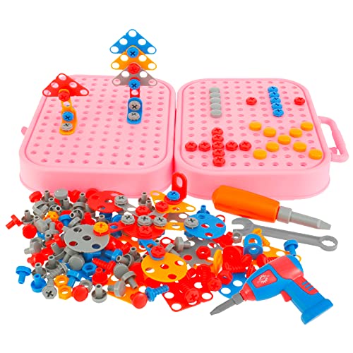 211 Pcs Creativity Tool Box, Electric Drill Puzzle Toys for Kids STEM Educational Building Toys Learning Kit with Electric Drill Screw Tool Set Educational Toys for Kids Boys and Girls Gift (Pink)