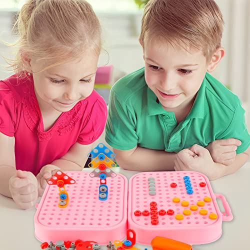 211 Pcs Creativity Tool Box, Electric Drill Puzzle Toys for Kids STEM Educational Building Toys Learning Kit with Electric Drill Screw Tool Set Educational Toys for Kids Boys and Girls Gift (Pink)