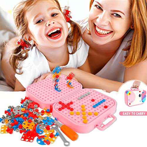 211 Pcs Creativity Tool Box, Electric Drill Puzzle Toys for Kids STEM Educational Building Toys Learning Kit with Electric Drill Screw Tool Set Educational Toys for Kids Boys and Girls Gift (Pink)