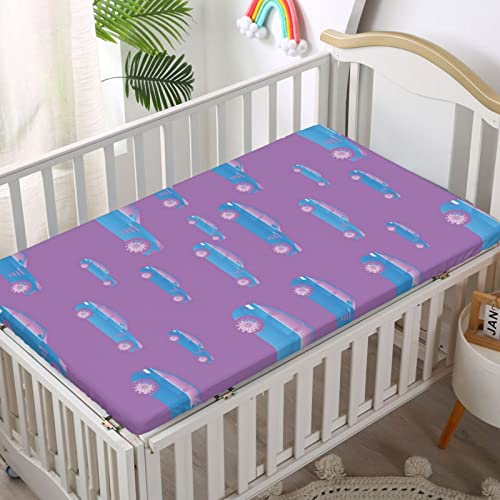 Cars Themed Fitted Crib Sheet,Standard Crib Mattress Fitted Sheet Soft & Stretchy Fitted Crib Sheet-Great for Boy or Girl Room or Nursery, 28“ x52“,Fuchsia Blue