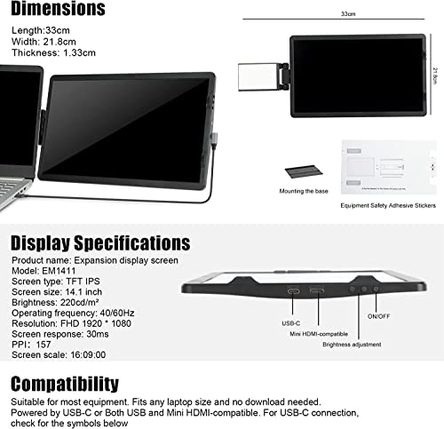 Laptop Screen Extender - 360° Rotatable 14.1” Attachable Portable Monitor for Laptop FHD TFT USB Laptop Dual Screen, Plug and Play for Mac, PC, & Chrome, Fit 13-17“ Laptop