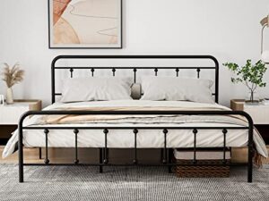 ikifly king size metal platform bed frame with headboard & footboard - strong steel slat support - mattress foundation - victorian vintage style - no box spring needed - black/king