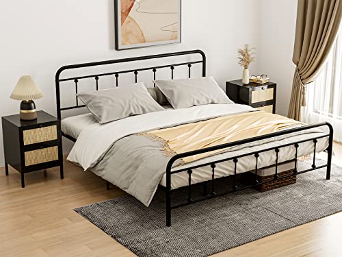 IKIFLY King Size Metal Platform Bed Frame with Headboard & Footboard - Strong Steel Slat Support - Mattress Foundation - Victorian Vintage Style - No Box Spring Needed - Black/King