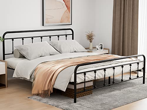 IKIFLY King Size Metal Platform Bed Frame with Headboard & Footboard - Strong Steel Slat Support - Mattress Foundation - Victorian Vintage Style - No Box Spring Needed - Black/King