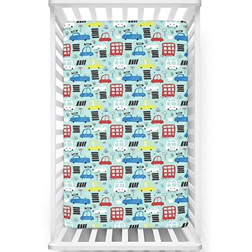 Cars Themed Fitted Crib Sheet,Standard Crib Mattress Fitted Sheet Toddler Bed Mattress Sheets-Great for Boy or Girl Room or Nursery, 28“ x52“,Multicolor