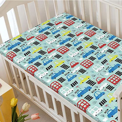 Cars Themed Fitted Crib Sheet,Standard Crib Mattress Fitted Sheet Toddler Bed Mattress Sheets-Great for Boy or Girl Room or Nursery, 28“ x52“,Multicolor