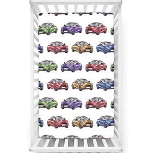 cars themed fitted mini crib sheets,portable mini crib sheets soft & stretchy fitted crib sheet-crib mattress sheet or toddler bed sheet, 24“ x38“,fern green purple red