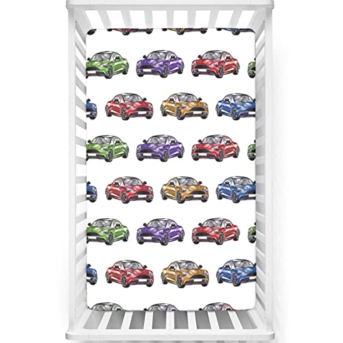 Cars Themed Fitted Mini Crib Sheets,Portable Mini Crib Sheets Soft & Stretchy Fitted Crib Sheet-Crib Mattress Sheet or Toddler Bed Sheet, 24“ x38“,Fern Green Purple Red