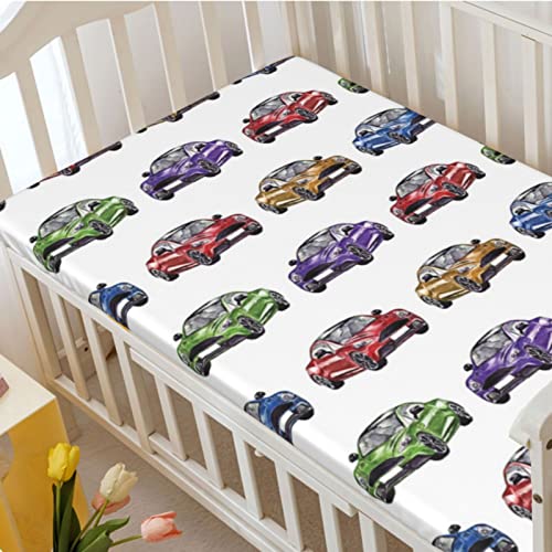 Cars Themed Fitted Mini Crib Sheets,Portable Mini Crib Sheets Soft & Stretchy Fitted Crib Sheet-Crib Mattress Sheet or Toddler Bed Sheet, 24“ x38“,Fern Green Purple Red