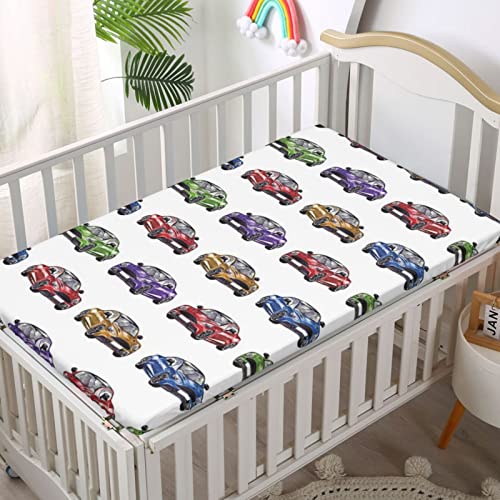 Cars Themed Fitted Mini Crib Sheets,Portable Mini Crib Sheets Soft & Stretchy Fitted Crib Sheet-Crib Mattress Sheet or Toddler Bed Sheet, 24“ x38“,Fern Green Purple Red