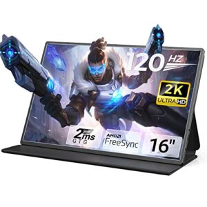 svantto 16” 2k portable gaming monitor, 120hz 2ms professional esports portable monitor for laptop with freesync, plug and play, w/smart cover & speakers, vesa mountable, lightweight travel monitor