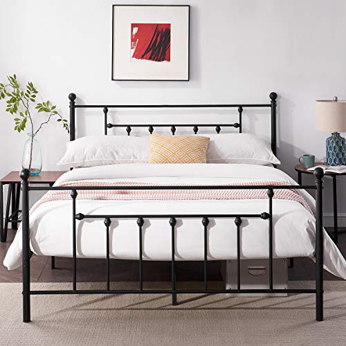 VECELO Queen Size Metal Bed Frame with Headboard, Footboard, No Box Spring Needed, Platform Bed, Under-Bed Storage, Victorian Vintage Style, Black