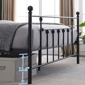 VECELO Queen Size Metal Bed Frame with Headboard, Footboard, No Box Spring Needed, Platform Bed, Under-Bed Storage, Victorian Vintage Style, Black