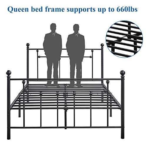 VECELO Queen Size Metal Bed Frame with Headboard, Footboard, No Box Spring Needed, Platform Bed, Under-Bed Storage, Victorian Vintage Style, Black