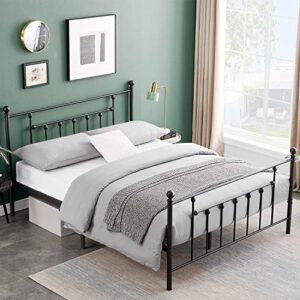 VECELO Queen Size Metal Bed Frame with Headboard, Footboard, No Box Spring Needed, Platform Bed, Under-Bed Storage, Victorian Vintage Style, Black