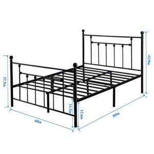 VECELO Queen Size Metal Bed Frame with Headboard, Footboard, No Box Spring Needed, Platform Bed, Under-Bed Storage, Victorian Vintage Style, Black