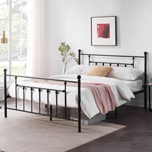 VECELO Queen Size Metal Bed Frame with Headboard, Footboard, No Box Spring Needed, Platform Bed, Under-Bed Storage, Victorian Vintage Style, Black