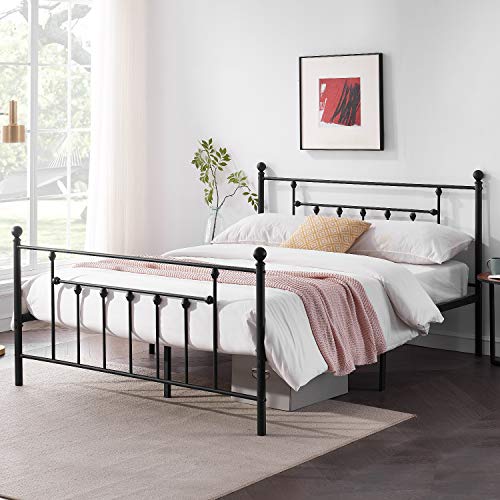 VECELO Queen Size Metal Bed Frame with Headboard, Footboard, No Box Spring Needed, Platform Bed, Under-Bed Storage, Victorian Vintage Style, Black