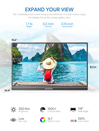 ARZOPA Portable Monitor, 15.6'' 1080P FHD Laptop Monitor USB C HDMI Computer Display HDR Eye Care External Screen w/Smart Cover for PC Mac Phone Xbox Switch PS5-S1 Table