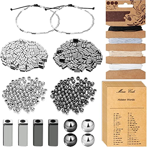 DIY Morse Code Bracelet Kit, 800 Pieces Round Spacer Beads 400 Pieces Long Tube Spacer Beads 20 Pieces Morse Code Decoding Card 20 Yards Waxed Cord for Handmade Bracelet Necklace Jewelry Crafts