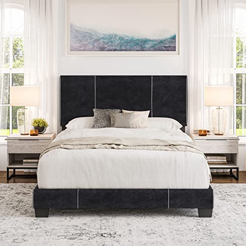 Boyd Sleep Reunion Platform Bed Frame with Fabric Upholstered Headboard and Wooden Slats Supports, Box Spring Required: Velvet, Black, Queen