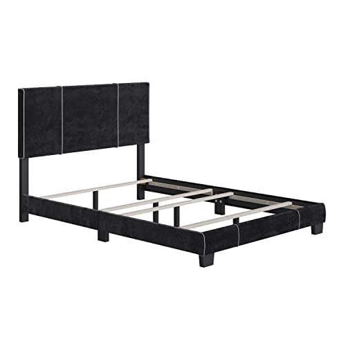 Boyd Sleep Reunion Platform Bed Frame with Fabric Upholstered Headboard and Wooden Slats Supports, Box Spring Required: Velvet, Black, Queen