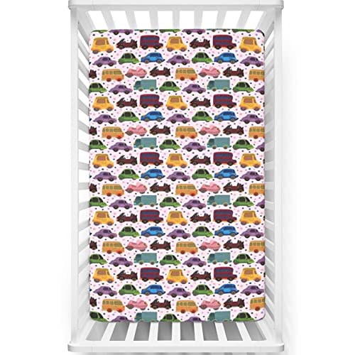 Cars Themed Fitted Mini Crib Sheets,Portable Mini Crib Sheets Soft Toddler Mattress Sheet Fitted-Crib Mattress Sheet or Toddler Bed Sheet, 24“ x38“,Multicolor