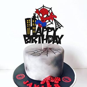 Spider Birthday Cake Topper Spider Cartoon Movie Themed Happy Birthday Cake Decorations for Men Boy Children Bday Party Supplies Double Sided Glitter Black Décor