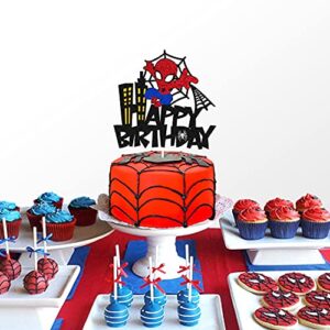 Spider Birthday Cake Topper Spider Cartoon Movie Themed Happy Birthday Cake Decorations for Men Boy Children Bday Party Supplies Double Sided Glitter Black Décor