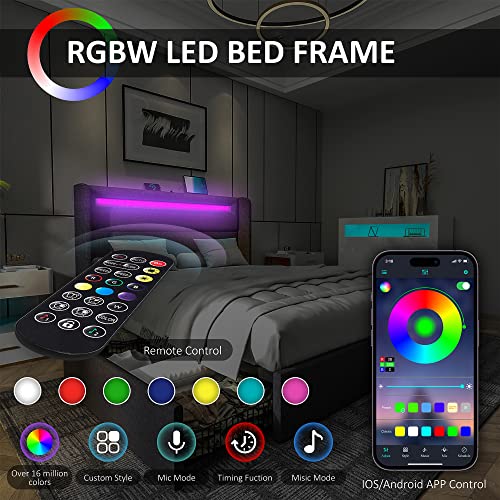 AMERLIFE Queen Bed Frame with RGBW LED Lights Headboard & 4 Storage Drawers, Upholstered Smart Platform Bed with USB & USB-C Ports, Box Spring Optional, Dark Grey