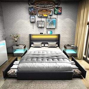 AMERLIFE Queen Bed Frame with RGBW LED Lights Headboard & 4 Storage Drawers, Upholstered Smart Platform Bed with USB & USB-C Ports, Box Spring Optional, Dark Grey