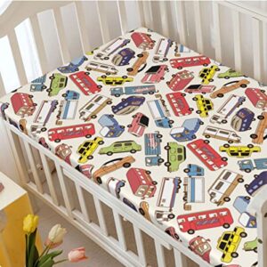 Cars Themed Fitted Crib Sheet,Standard Crib Mattress Fitted Sheet Toddler Bed Mattress Sheets-Crib Mattress Sheet or Toddler Bed Sheet, 28“ x52“,Multicolor