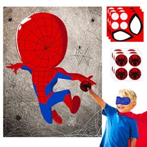 30pcs spider super hero kids party stickers game, pin the eyes chest signs and spiderweb on large spider super hero poster good for big superhero birthday party, kid room wall decor, hero party favor