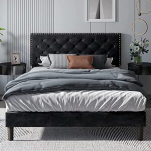 hombck upholstered bed frame queen with button tufted headboard, queen bed frame no box spring needed, under bed storage, wooden slats support, noise-free, easy assembly, black