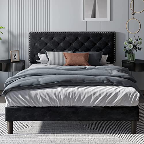 HOMBCK Upholstered Bed Frame Queen with Button Tufted Headboard, Queen Bed Frame No Box Spring Needed, Under Bed Storage, Wooden Slats Support, Noise-Free, Easy Assembly, Black