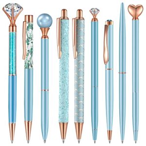 9 pcs ballpoint pens set metal crystal diamond pen liquid sand glitter pen for journaling black ink pretty cute pens fancy pens gifts for women girls school wedding office desk supplies (blue)