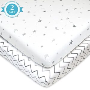 American Baby Company Printed 100% Natural Cotton Jersey Knit Fitted Portable/Mini-Crib Sheet, Grey Stars and Zigzag, Soft Breathable, for Boys and Girls, Pack of 2