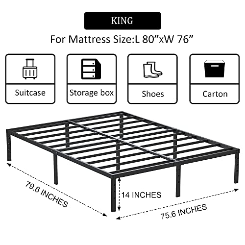 ALDRICH 14 Inch Metal King Size Bed Frame - Double Black Basic Anti Squeak Steel Slats Platform, Easy Assembly Heavy Duty Noise Free Bedframes, No Box Spring Needed