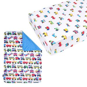 wildkin cotton fitted crib sheet bundle with plush throw blanket (trains, planes & trucks)