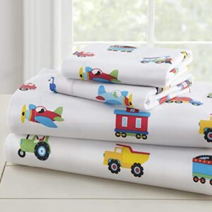 Wildkin Cotton Fitted Crib Sheet Bundle with Plush Throw Blanket (Trains, Planes & Trucks)