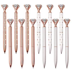 12 pcs diamond pen with big crystal bling metal ballpoint pen, office supplies and school, rose gold/white rose polka dot/silver/rose gold with white polka dots, includes 12 pen refills