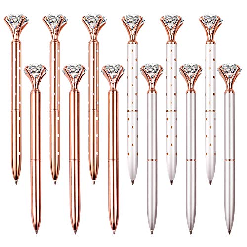 12 PCS Diamond Pen With Big Crystal Bling Metal Ballpoint Pen, Office Supplies And School, Rose Gold/White Rose Polka Dot/Silver/Rose Gold With White Polka Dots, Includes 12 Pen Refills