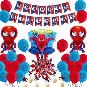 spiderman party decorations favors birthday– spiderman happy birthday banner, foil latex balloons, cupcake toppers, stickers superhero birthday party supplies